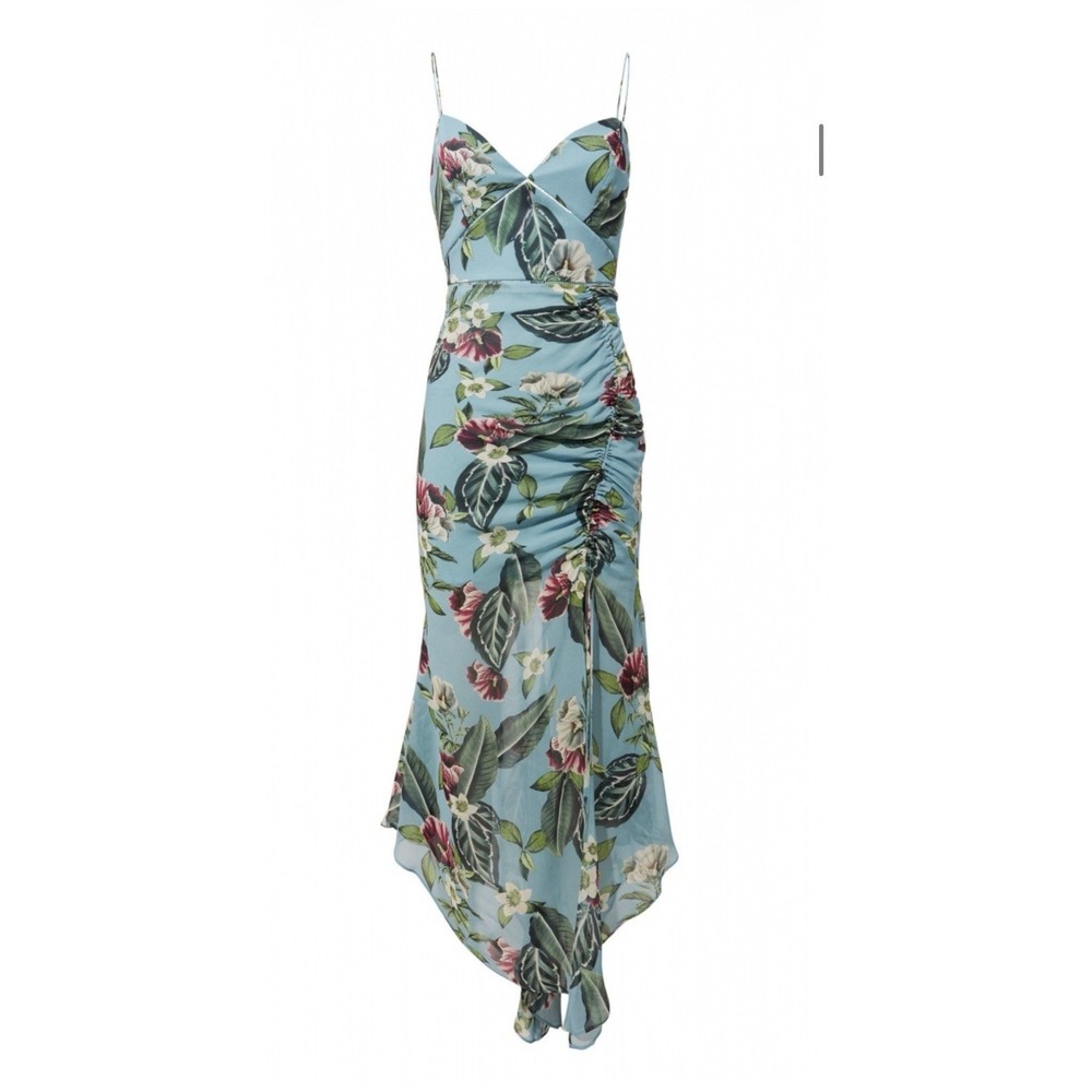 NICHOLAS Maxi Dress 100% Silk Mayflower Drawstring Floral Turquoise Women's XS